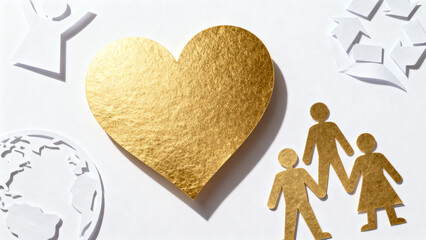 Stunning golden heart symbolizes global love and family unity surrounded by paper cutouts representing community and recycling efforts