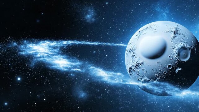 Pluto Day space banner, black-to-icy blue gradient, close-up dwarf planet Pluto with glowing orbit trail, cosmic dust drifting