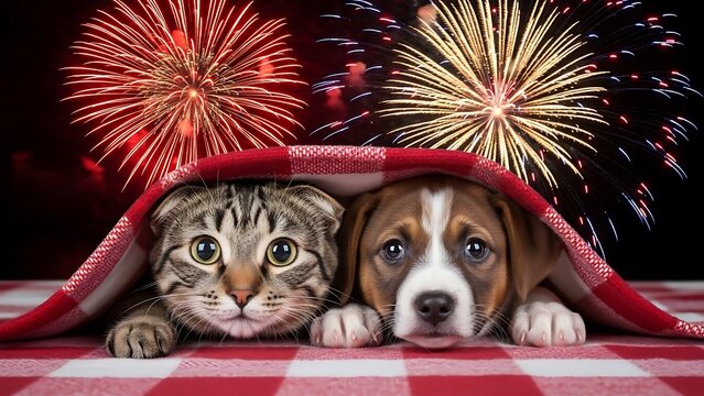 Scared kitten and puppy hiding from fireworks