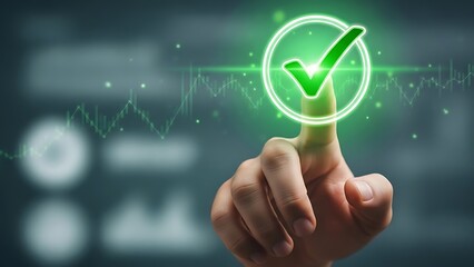 Achieving success: hand taps glowing green check