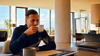 This video features a stylish workspace with a person enjoying a warm beverage while gazing outside. The modern interior, abundant light, and scenic view create a perfect atmosphere for reflection.