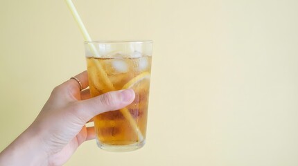 Refreshing Cold Drink with Lemon and Straw on Light Yellow Background