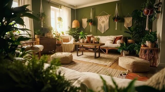 This video features a bohemian-style living room adorned with lush plants and earthy tones. The cozy seating and handmade decor create a warm, inviting atmosphere that's perfect for relaxation.