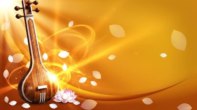 Saraswati Puja theme, goddess Saraswati&rsquo;s veena glowing softly, floating white lotus petals drifting in slow motion