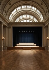 Fototapeta premium A grand ballroom with a stage and arched ceiling illuminated by natural light from the windows above