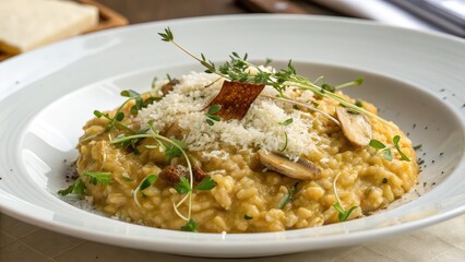 Creamy mushroom risotto with grated parmesan cheese and microgreens, gourmet Italian cuisine, fine dining presentation, elegant vegetarian meal, food styling inspiration, restaurant menu concept