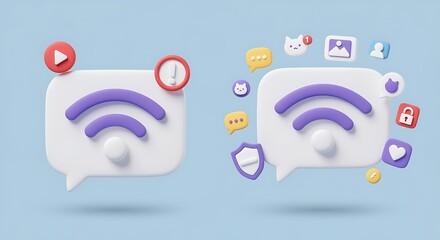 Digital communication concept with social media icons and wifi signal indicators