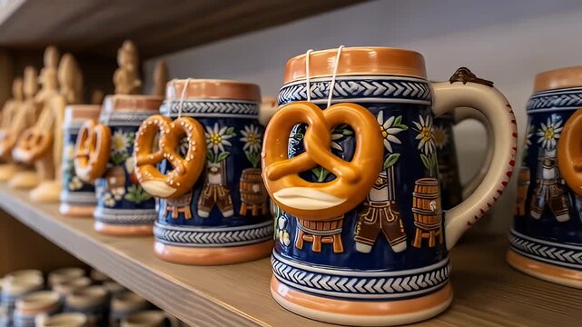 Colorful ceramic mugs with pretzel designs displayed on wooden shelves in a cozy shop