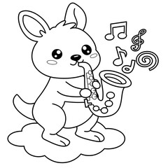Kawaii Kangaroo standing on cloud and happily playing a saxophone  surrounded floating musical notes,treble clef Coloring Page