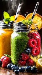 Refreshing fruit smoothies kitchen food photography cozy atmosphere close-up healthy living