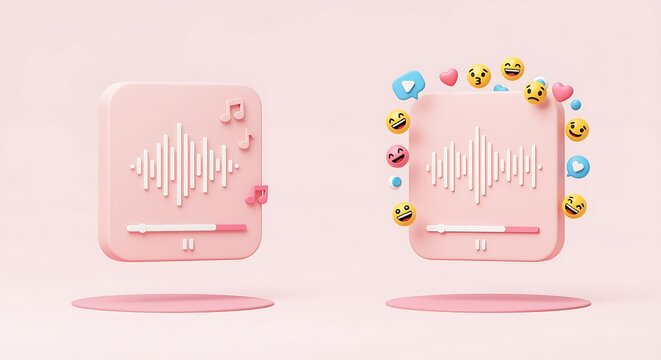 Digital Music Streaming Platform Interface with Emojis on Pastel Background - Powered by Adobe