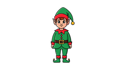 A cartoon illustration of a young elf wearing a green suit, red collar, and a pointed hat with a yellow pom-pom.