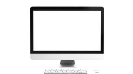 A desktop computer with a blank white screen a keyboard and a mouse on  on transparent background