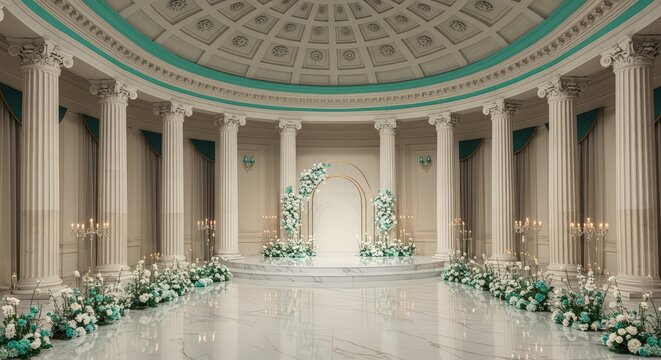 Grand hall with marble floor and columns decorated for an event with floral arrangements and candelabras