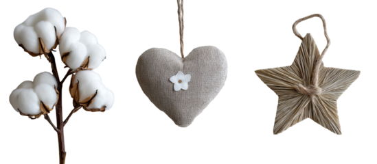 Natural Cotton Branch with Fabric Heart and Straw Star Decorations