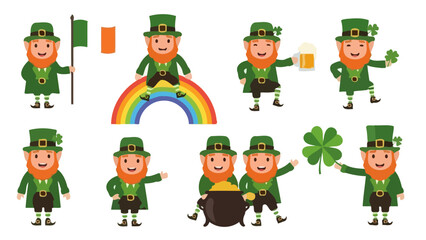 St. Patrick's Day leprechaun cartoon vector set with rainbow, beer, flag, and shamrock.