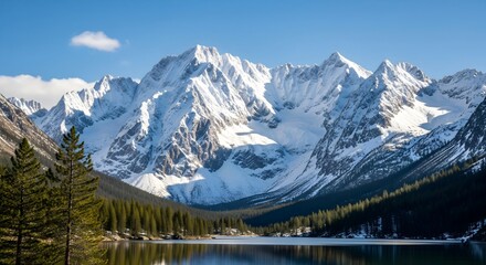 Panoramic vista of towering snow-capped Rocky Mountains reflecting in a calm alpine lake, framed by a vibrant pine forest under a clear blue sky on a sunny day