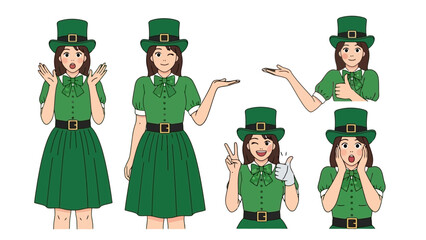 Collection of illustrations featuring a woman in a green outfit and hat, in various poses.