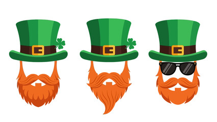 Three illustrations of leprechauns with green hats, orange beards, and one wearing sunglasses.