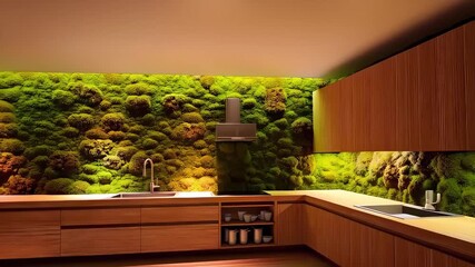 This stunning video showcases a modern kitchen featuring a unique moss wall, combining natural elements with sleek wooden cabinetry. Explore how greenery enhances interior design and promotes tranquil