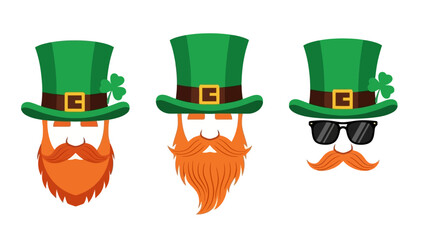 Three leprechaun faces with green hats and orange beards, one wearing sunglasses.