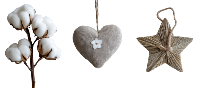 Natural Cotton Branch with Fabric Heart and Straw Star Decorations - Powered by Adobe