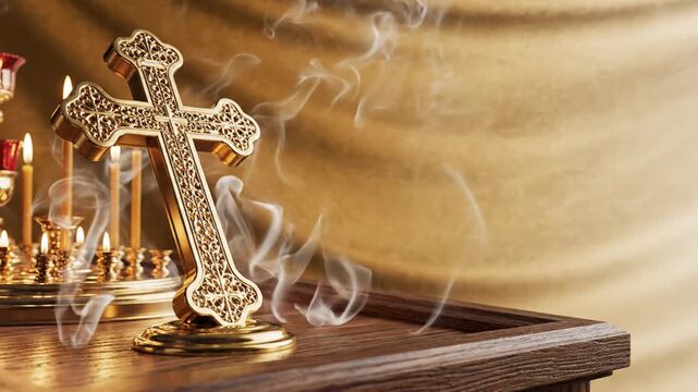 Sunday Orthodox Banner with Ornate Filigree Cross Resting on Wooden Altar Surface