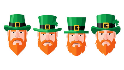 Four cartoon leprechauns with orange beards and green hats with shamrocks.