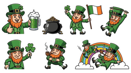 Collection of cartoon leprechauns in various poses, celebrating St. Patrick's Day with Irish symbols.