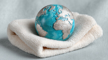 Small fragile globe of planet earth resting on soft white fabric. hopeful concept of gentle care, environmental protection, global love and responsibility