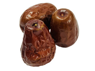 Three Dried Red Dates (Jujubes) Isolated PNG – Organic Fruit Cutout with Rich Texture, Perspective View