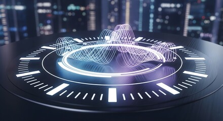 Futuristic 3D hologram of an audio wave or sound equalizer projected from a circular digital interface or podium, set against a blurred night cityscape background