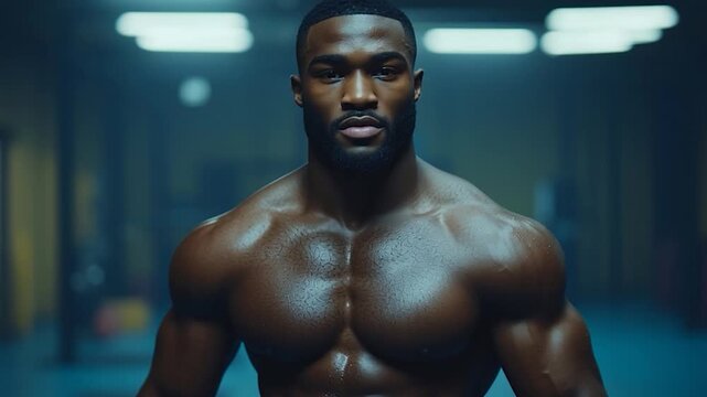 Muscular Black Man Flexing Biceps in Gym.