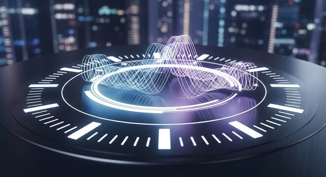 Futuristic 3D hologram of an audio wave or sound equalizer projected from a circular digital interface or podium, set against a blurred night cityscape background
