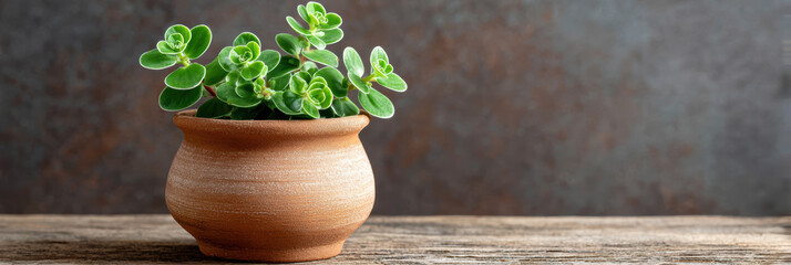 Calm green houseplant with fresh leaf in rustic terracotta pot on wood table. Simple indoor plant for natural home decor against textured background with copyspace