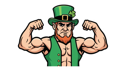 Cartoon leprechaun flexing muscles, wearing a green hat and vest.