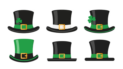 Collection of six different St. Patrick's Day top hats with various designs and colors.