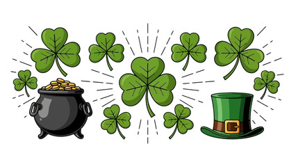 St. Patrick's Day illustration featuring a pot of gold, shamrocks, and a green hat.
