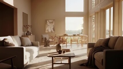 This elegant video presents a beautifully designed living room filled with natural light. The soft furnishings and minimalist decor create a serene atmosphere, perfect for relaxation and gatherings wi