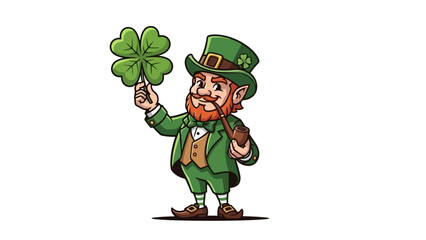 A cartoon leprechaun in a green suit and hat holding a four-leaf clover and a pipe.