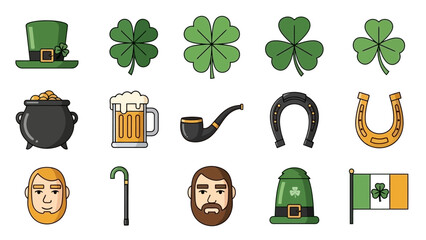 Collection of St. Patrick's Day themed illustrations, featuring iconic symbols and elements.