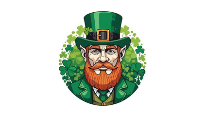 Leprechaun with a green hat and beard surrounded by shamrocks on a white background.