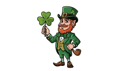 A cartoon illustration of a leprechaun holding a shamrock, with a pipe and hat.