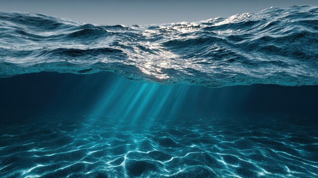 Serene underwater view of deep blue ocean surface with sun light rays beaming through clear water. peaceful liquid creates ripple texture on sea bottom