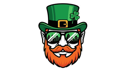 Leprechaun with green hat, beard, and sunglasses, celebrating St. Patrick's Day with a clover on his hat.