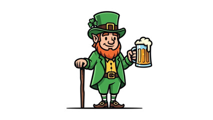 A cartoon leprechaun in a green suit and hat holding a cane and a mug of beer.