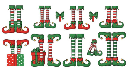 Collection of various Christmas elf legs and bows, festive holiday decorations.