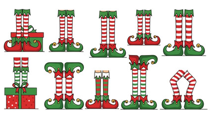 Collection of cartoon elf legs with striped stockings and curled shoes.
