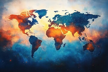 world map with continents highlighted in glowing orange and deep blue tones symbolizing connectivity and network amid abstract smoky background