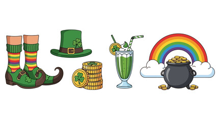 Colorful illustration featuring St. Patrick's Day symbols, including a hat, coins, and a rainbow.